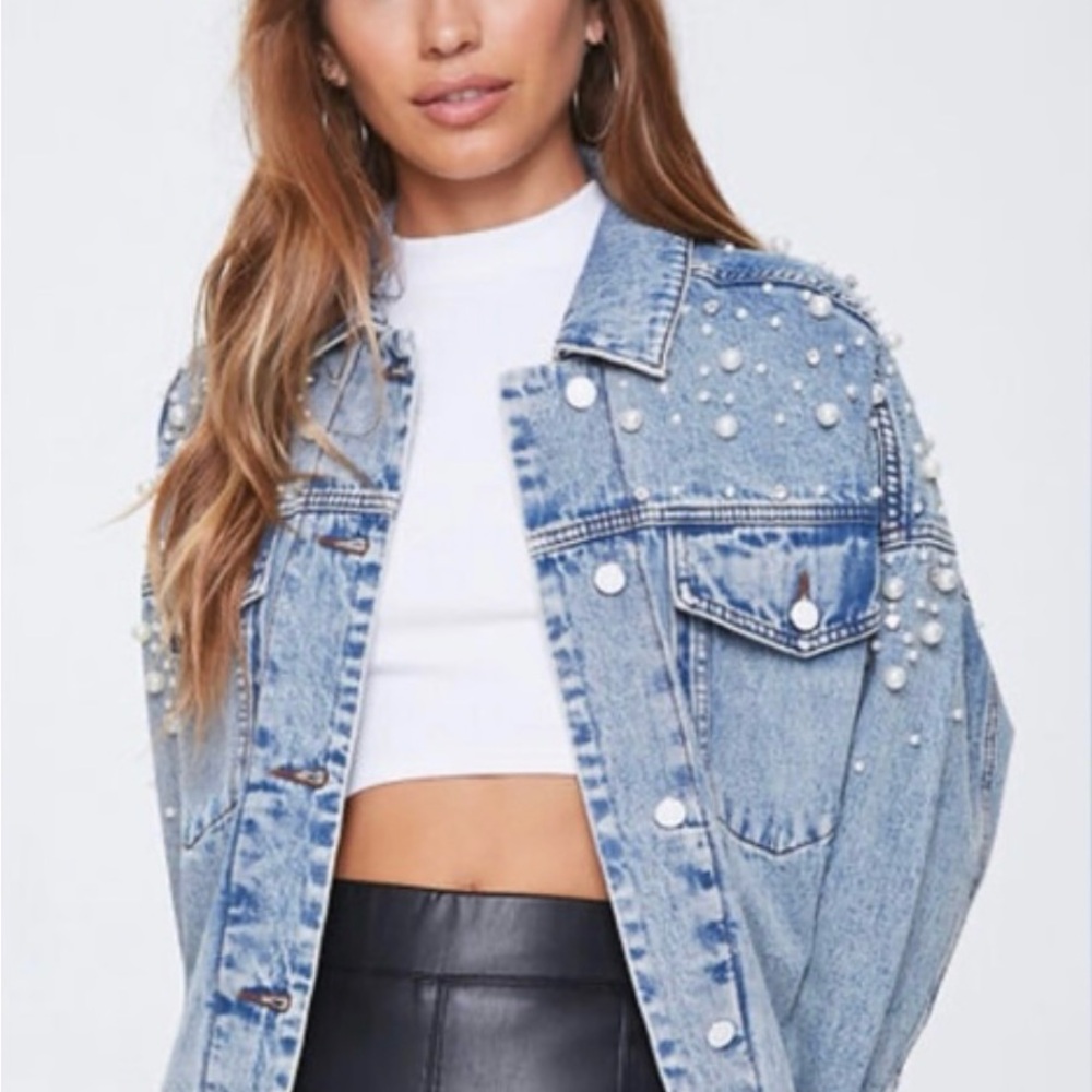 Forever 21 Light Blue Pearl Studded Jean Jacket PTP 22.5”